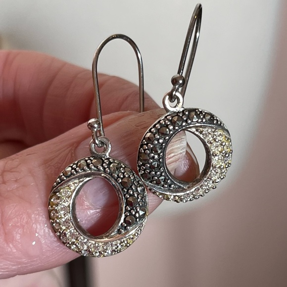 Vintage 1980's 90's sterling silver marcasite diamond art deco dangle earrings - Picture 11 of 16